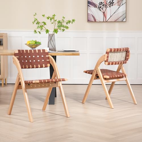 Folding Dining Chairs Set of 2 | Wooden Foldable Chair with Leather-Woven Backrest and Widened Seat Extra for Guests Kitchen Office Wedding Picnic Brown - color: Brown With Leather Strap, size: 2PCS