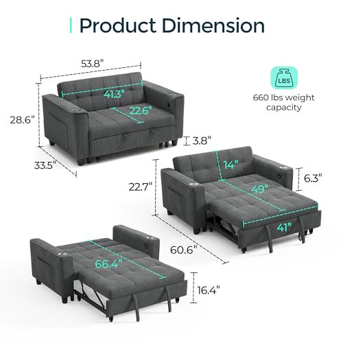 LINSY 54" Pull Out Couch with Charging Station - Sleeper Sofa Bed with Cup Holder, Small 3 in 1 Convertible Loveseat Sleeper Couch for Apartment, Dorm Room, Bedroom and Small Space, Dark Gray - color: Charcoal