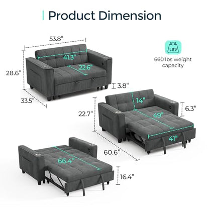 LINSY 54" Pull Out Couch with Charging Station - Sleeper Sofa Bed with Cup Holder, Small 3 in 1 Convertible Loveseat Sleeper Couch for Apartment, Dorm Room, Bedroom and Small Space, Dark Gray - color: Charcoal