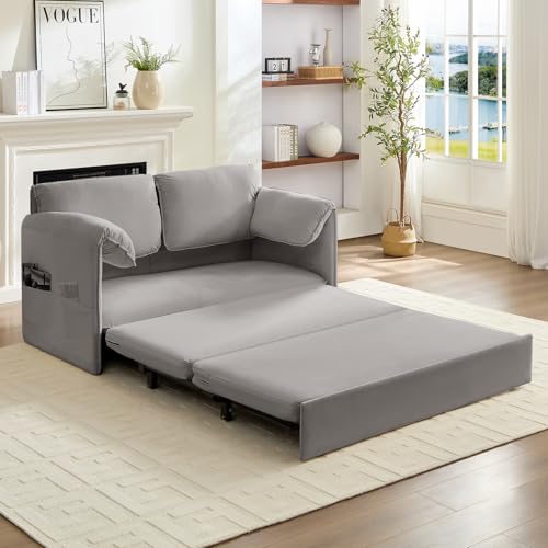 ijuicy 3 in 1 Convertible Sofa Bed, Queen Size Pull Out Sofa Bed with 2 Side Pockets & Soft Armrest,60" Velvet Loveseat Sleeper Sofa with 4" Mattress for Living Room Furniture,Small Spaces-Light Grey | with 2 Side Pockets & Soft Armrest,60" Velvet Lovesea