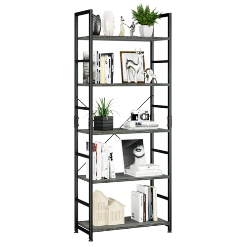 NUMENN 5 Tier Bookshelf, Tall Freestanding Open Storage Bookcase, Dark Grey | Storage Organizer with Metal Frame & Wood Shelves, Support Bars & Adjustable Feet for Bedroom, Living Room & Home Office - color: Dark Grey, size: 5 Tier