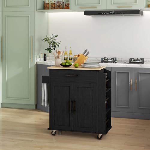 HOMCOM Kitchen Island with Storage Microwave Stand AC Outlets Black | USB Ports, Rolling Kitchen Cart, Towel Rack, Spice Rack - color: Black