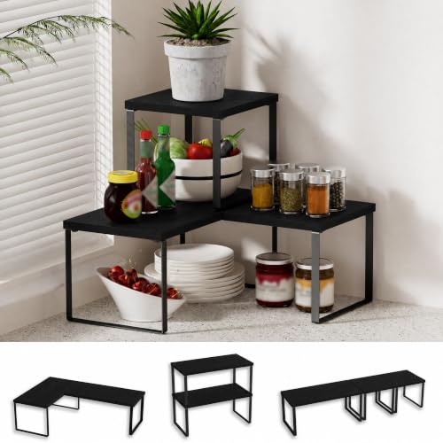 Countertop Shelf, Kitchen Counter Organizer, Adjustable, Stackable | Kitchen Countertop Organizer, Spice Rack, 2-Tier Countertop Shelves, Corner Desk Shelf, Corner Counter Shelf, Classic Black - color: Classic Black