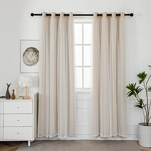 INLINAS Blackout Curtains with Sheer Overlay, Beige, 52x108 Inches | Grommet Top Double Layer Curtains for Bedroom and Living Room Thermal Reduction Light Blocking and Energy Saving, Set of 2 - color: Beige, size: 52"W x 108"L (Pack of 2)