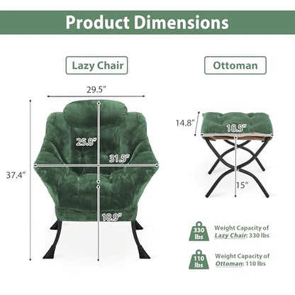 Youtanic Lazy Chair with Folding Ottoman, Accent Chair Plush Upholstered with Metal Structure and Non-Slip Pads, Sofa Armchair with Footrest and Side Storage Bag for Dorm, Room, Office, Green - color: Plush Green