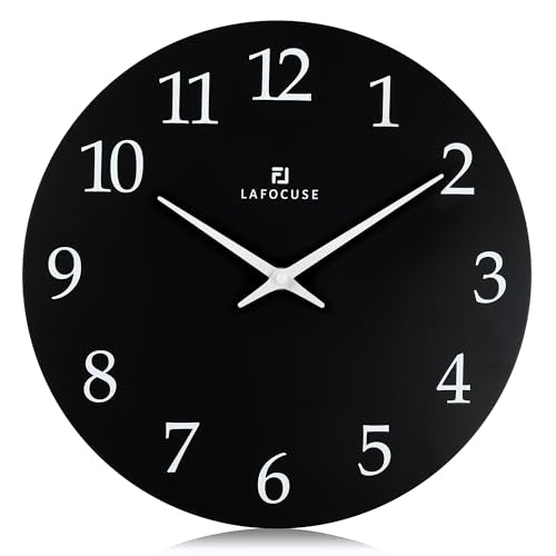 Lafocuse 12 Inch Wooden Black Modern Minimalist Wall Clock Battery Operated | Silent Non Ticking Black Clock White Numbers, Analog, Simple Decorative Style for Living Room Decor Kitchen Bedroom Office - color: Black
