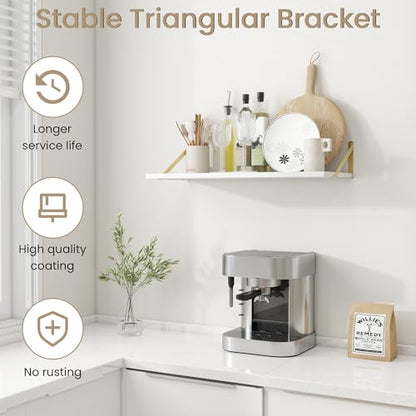 Dreamland Wall Mounted Floating Shelves Set of 2, 30x12, White&Gold | Engineered Wood, Visible Bracket, Large Storage, Hold Up to 55lbs, Living Room, Bathroom, Bedroom, Kitchen - color: White&gold, size: 30"W x 12"D