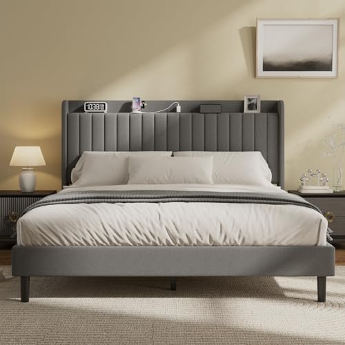 King Linen Bed Frame with Storage Headboard & Charging Station | Vertical Channel Tufted, Mattress Non-slip Design, No Box Spring Needed, Noise-Free, Easy Assembly, Sturdy, Wingback - color: Grey, size: King