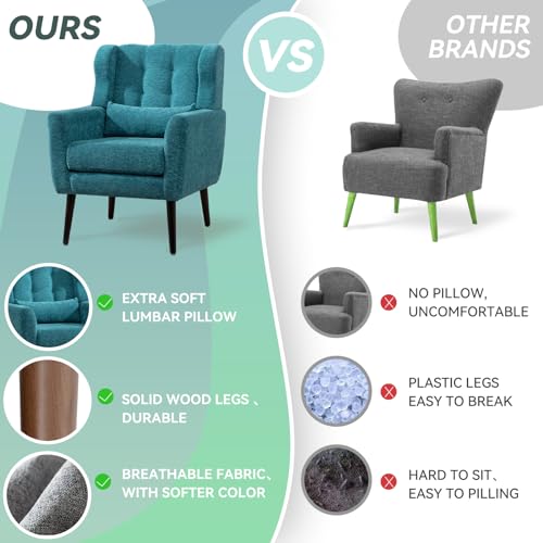 Modern Accent Chair, Upholstered Armchair with Pillow, Fabric Single Sofa Chair with Lounge Seat and Wood Legs Accent Chair for Living Room Bedroom Small Spaces (Teal) - color: Teal, size: Set of 1