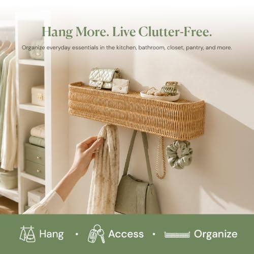 Rattan Coat Rack Wall Mount with Shelf, Hidden Hooks | 5 Hidden Hooks for Coats, Bags & Towels, Japandi Scandinavian Style