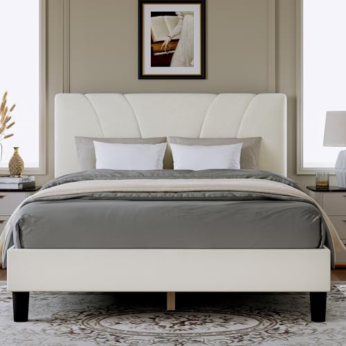 Novilla King Bed Frame and Headboard, King Bed Frame, Velvet Upholstered Bed Frames, No Box Spring Needed, Heavy Duty Feet, Easy Assembly, White Velvet - color: White Velvet, size: King