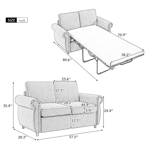 Brown 57.5" Pull Out Sofa Bed Loveseat Sleeper with Twin Size Memory Mattress for Living Room Spaces