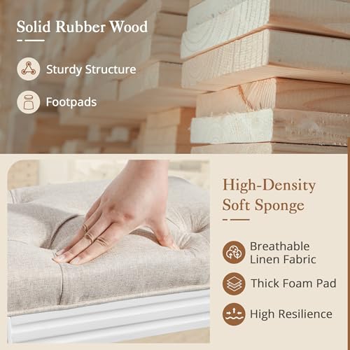 LUE BONA Upholstered Fabric Vanity Bench Seat, Makeup Stools for Vanity, Square Tufted Ottoman Bench with Carved White Legs for Bedroom Living Room, Linen Color - color: Linen and White