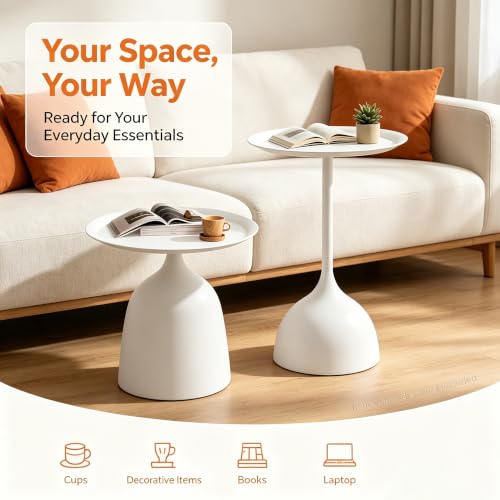 Round Nesting End Table Set of 2, White Side Table for Living Room - color: White