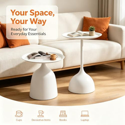 Round Nesting End Table Set of 2, White Side Table for Living Room - color: White