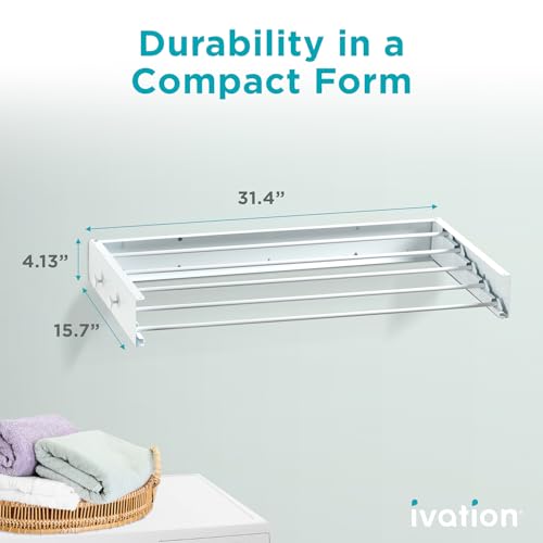 Ivation Retractable Wall Mounted Clothes Drying Rack, 32" Foldable Laundry Drying Rack for Clothing | Collapsible Space-Saving Design & 5 Rods | Easy Installation with Hardware & Wall Template (White) - size: 32 Inch
