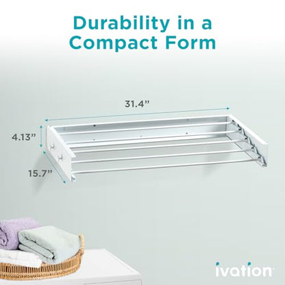 Ivation Retractable Wall Mounted Clothes Drying Rack, 32" Foldable Laundry Drying Rack for Clothing | Collapsible Space-Saving Design & 5 Rods | Easy Installation with Hardware & Wall Template (White) - size: 32 Inch