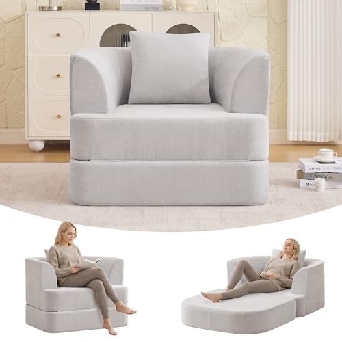 2-in-1 Folding Sofa Bed, Chenille Convertible Single Sleeper Chair Bed, Modern Boneless Foldable Couch, High-Density Foam Lounge Chair for Living Room, Bedroom, No Assembly Required, Light Grey - color: Light Grey