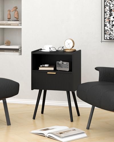Black Nightstand,Modern Bedside Table with Storage Drawer and Open Wood Shelf, for Living Room, Bedroom and Small Spaces, Accent Night Stand with Solid Wood Legs, Easy Assembly,Classic Black - color: Black