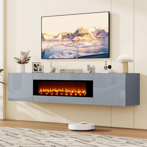 70" Wall Mounted Floating TV Stand with 36" Electric Fireplace, High Gloss Floating Entertainment Center TV Shelf for TVs Up to 80", Grey Fireplace Media Console Table Floating TV Cabinet Living Room - color: Grey, size: 70"-with fireplace