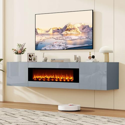 70" Wall Mounted Floating TV Stand with 36" Electric Fireplace, High Gloss Floating Entertainment Center TV Shelf for TVs Up to 80", Grey Fireplace Media Console Table Floating TV Cabinet Living Room - color: Grey, size: 70"-with fireplace