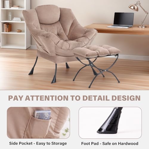 Lazy Chair with Ottoman, Comfy Reading Accent Chair, Velvet Khaki | Foldable Footrest, Padded Seat and Backrest, Side Pocket for Lounging in Living Rooms, Bedrooms, Dorms and Small Spaces - color: Khaki