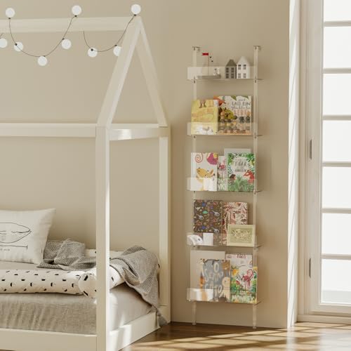 5-Tier Narrow Acrylic Bookshelf, 3.9" D x 15.8" W, Space-Saving Slim Storage Book Shelf for Living Room, Bedroom, Office, Clear Bookcase, Modern, Easy Assembly