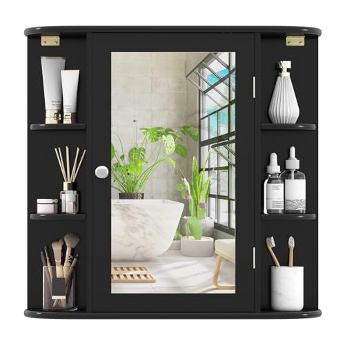 COSTWAY Medicine Cabinet with Mirror, Wall Mounted Bathroom Storage Cabinet | with Mirror Door and Adjustable Shelves, Space-Saving Storage Organizer for Living Room Kitchen Entryway (Black) - color: Black