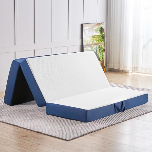CYMULA Folding Mattress Full Size,4" Trifold Mattress Topper for RV,White | Memory Foam Tri Portable Mattress Topper Full with Breathable & Washable Cover, Foldable Sofa for Camping ,73"×52"×4" - color: White, size: Full-4inch
