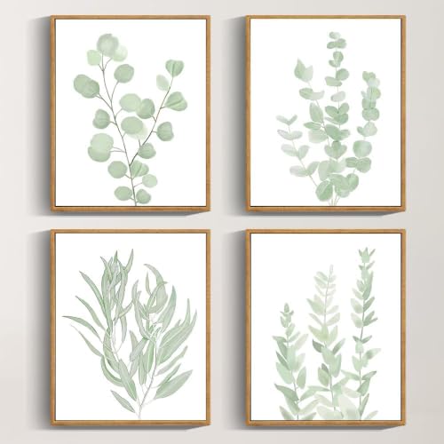 Drsoum Framed Botanical Plant Canvas Wood Wall Art Light Green Sage Wall Decor Eucalyptus Leaf Picture for Bedroom Living Room Bathroom Office 8”x 10” x 4pcs - color: Botanical Wall Art, Natural Frames, size: 8''x 10''x 4pcs