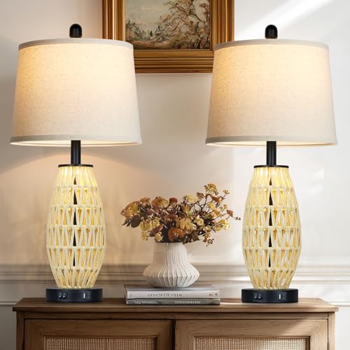 CINSARY 27“ Beige Boho Rattan Table Lamps with Night Light, Natural Bedroom Lamps Set of 2 with USB A+C Charging Ports, Rustic Farmhouse Woven Wicker Bedside Nightstand Lamp for Living Room End Tab - color: Beige and Black