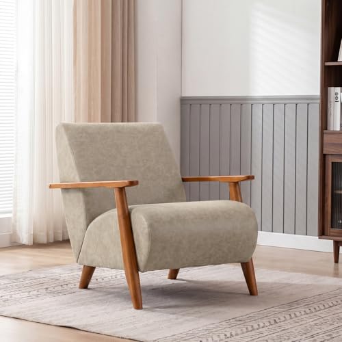 Home Accent Chair Mid Century Modern Accent Chair with Wood Frame, Faux Leather Upholstered Armchair, Reading Chair, for Living Room, Bedroom,Office,Comfy Guest Waiting Room Chairs Beige - color: Beige, size: Faux Leather