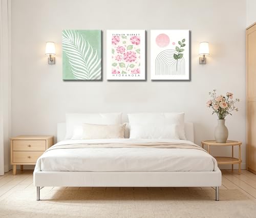 Framed Green and Pink Bathroom Decor,Boho Botanical Canvas Wall Art Set of 3, Pink Hydrangea & Sage Palm Prints, Wall Decor for Girls Room Bedroom Living Room Bathroom, 12x16 Inch - color: Framed - Pink And Green Leaves Wall Art, size: 12"L x 16"W x 3Piec