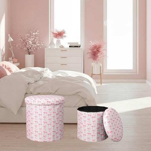 Geetery 2 Pcs Dorm Ottoman with Storage Set Pink Bow Ottoman | Vanity Stool with Storage for Bedroom Coffee Table Small Coquette Foot Stool for Girls Living Room College Dorm Essentials - style: Pink Bow Pattern