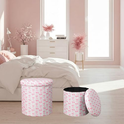 Geetery 2 Pcs Dorm Ottoman with Storage Set Pink Bow Ottoman | Vanity Stool with Storage for Bedroom Coffee Table Small Coquette Foot Stool for Girls Living Room College Dorm Essentials - style: Pink Bow Pattern