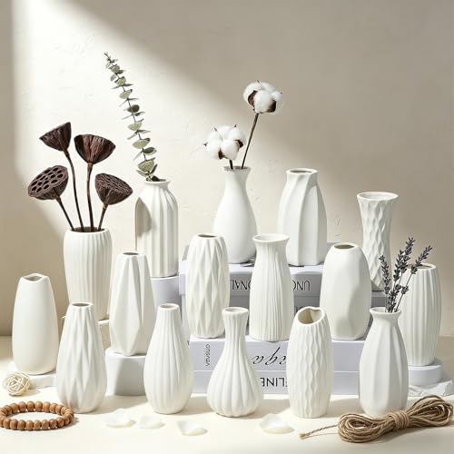 BEAHOT Ceramic Bud Vases Set of 16 - Matte White Mini Ceramic Bud Vases Collection: Non-Repeating Modern Boho Centerpiece - Small Unglazed Jars for for Weddings, Home, Shelf Decor - size: 16pack Unglazed White