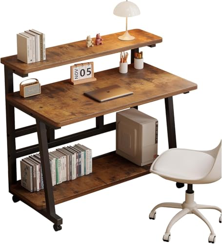 39.4 Inch Rolling Computer Desk for Small Spaces, Monitor Stand & 3-Tier Storage with Lockable Wheels, Easy Assembly for Bedroom, Dorm & Apartment - color: Color: Frame：black/Board：rustic Brown, size: 39.4“*19.7''