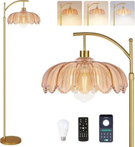 ILLMTW Gold Floor Lamp for Living Room,Bedroom,Mid Century Modern Standing Lamp with Remote,Dimmable Brass Tall Lamp Amber Glass Vintage Retro Arc Floor Lamps Flower Floor Light Boho Bohemian - size: 9-Floor Lamp