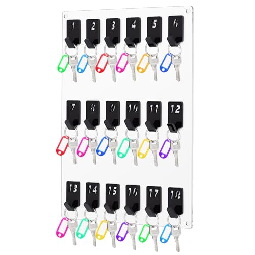 Beeveer Acrylic Key Holder Board with 18 Hooks, Wall Mount Organizer, Clear | Ideal for Offices, Schools, Hotels and Dealerships, Durable Acrylic Construction, Numbered Key Slots, Easy Wall Mount Design - color: Clear, size: 18 Hooks, style: Hook Only