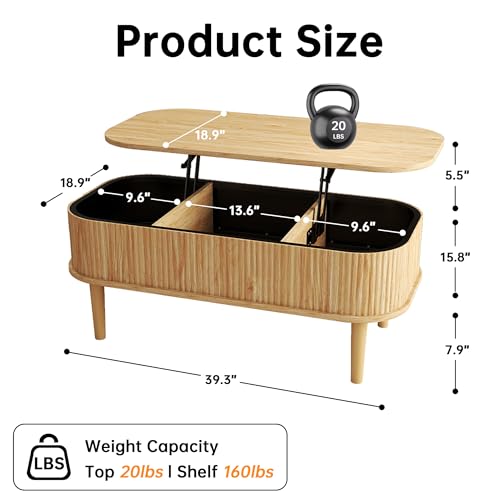 Fluted Lift Top Coffee Table with Hidden Storage, Oval Coffee Table with Lifting Top, Mid Century Modern Design for Living Room, Office & Small Spaces, Natural - color: Natural