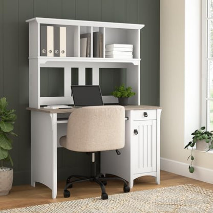 Bush Home Salinas Computer Desk with Hutch | Study Table with Drawers, Cabinets & Pullout Keyboard/Laptop Tray | Modern Home Office Desk in Pure White and Shiplap Gray | Work Desk with Storage - color: Pure White and Shiplap Gray