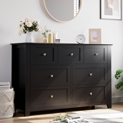 IDEALHOUSE 7 Chest of Drawers for Bedroom, 54''L Drawer Dresser, Black | Simply 7 Drawer Dresser for Hallway Entryway, 15.8"D x 54"W x 31.5"H, Lacquered Storage Organizer for Living Room - color: Black, size: 15.8"D x 54"W x 31.5"H (7 Drawers)