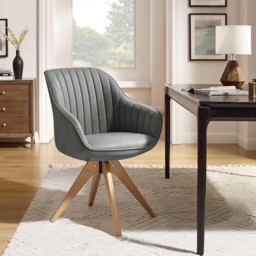 Swivel Desk Chair for Home Office, Fabric, Grey | No Wheels, Beech Wood Legs, Mid Century Modern, Upholstered, 360° Swivel, Accent Chair, Living Room, Bedroom - color: Grey/Beech Wood, size: Fabric
