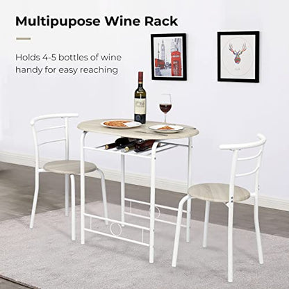 VINGLI 3 Piece Dining Set,Small Kitchen Table Set for 2,Breakfast Table Set,Kitchen Wooden Table and 2 Chairs for Small Space/Dining Room/Apartment,Metal Frame,Wine Rack,White&Light Oak - color: White&light Oak