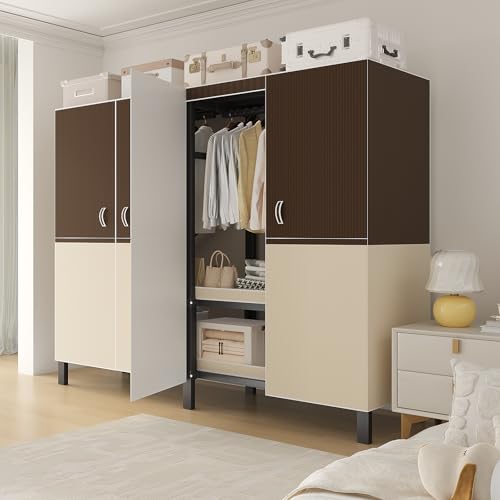 Large Portable Closets for Hanging Clothes | Heavy Duty Clothes Rack with Cover Foldable | Max Load 1000LBS Portable Wardrobe | Portable Closet, Double Rods Bedroom (Brown-magnetic door, 49.2") - color: Brown-magnetic Door, size: 49.2"