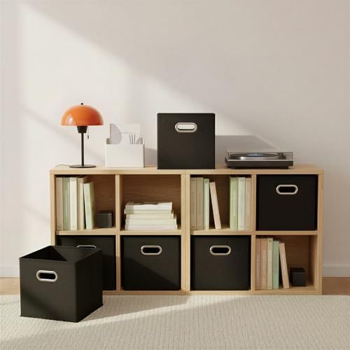 Household Essentials Foldable Fabric Storage Bins 6 Piece Set, Strong Poly-Woven Fabric, Sturdy Chipboard Sides, Grommet Front Handle, Stackable, Classic Design, Black - color: Black, size: 11” L x 11” W x 11” H