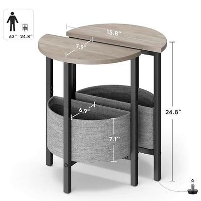 Small Round Side Table End Table, Tall Accent Table with Storage Basket, Set of 2 Half Round Tables Half Moon Tables, Coffee Bedside Tables, Modern Nightstand for Living Room Bedroom, Gray - color: Greige