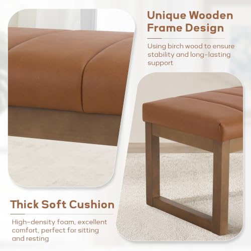 52.7" Bedroom Bench for End of Bed, Faux Leather Entryway Bench (Brown-PU) | Modern Upholstered Dining Bench & Footrest Stool Bench with Solid Wood Frame for Bedroom, Living Room - color: Brown-pu