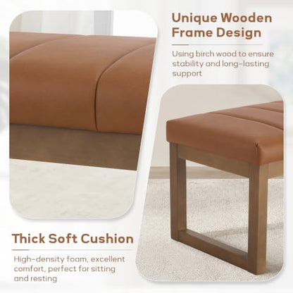 52.7" Bedroom Bench for End of Bed, Faux Leather Entryway Bench (Brown-PU) | Modern Upholstered Dining Bench & Footrest Stool Bench with Solid Wood Frame for Bedroom, Living Room - color: Brown-pu