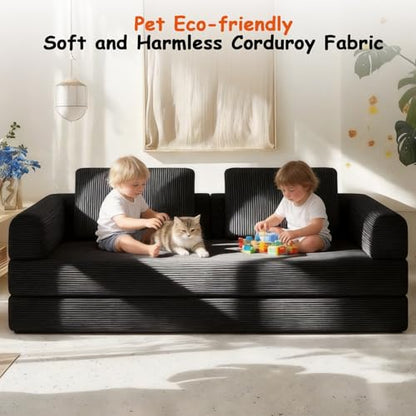 78" Convertible Sofa Bed, Corduroy Pull Out Couch with Fixed Frame & Pocket | 5-in-1 Boneless Sleeper Sofa, Couch Bed with 2 Pillows, Living Room, Small Spaces, Bedroom, No Assembly - color: 78''black